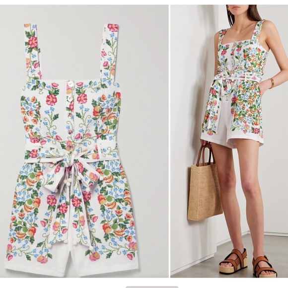 FARM RIO Belted shirred floral-print linen-blend playsuit - Picture 1 of 5
